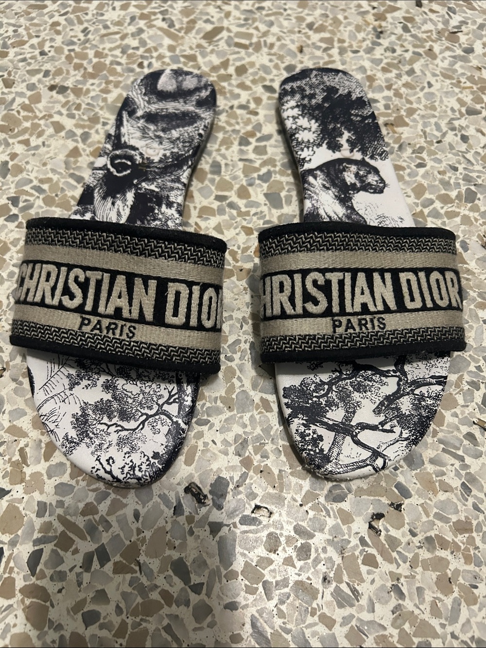 Dior Beige and Black 'Christian Dior Paris' Logo Slide Sandals